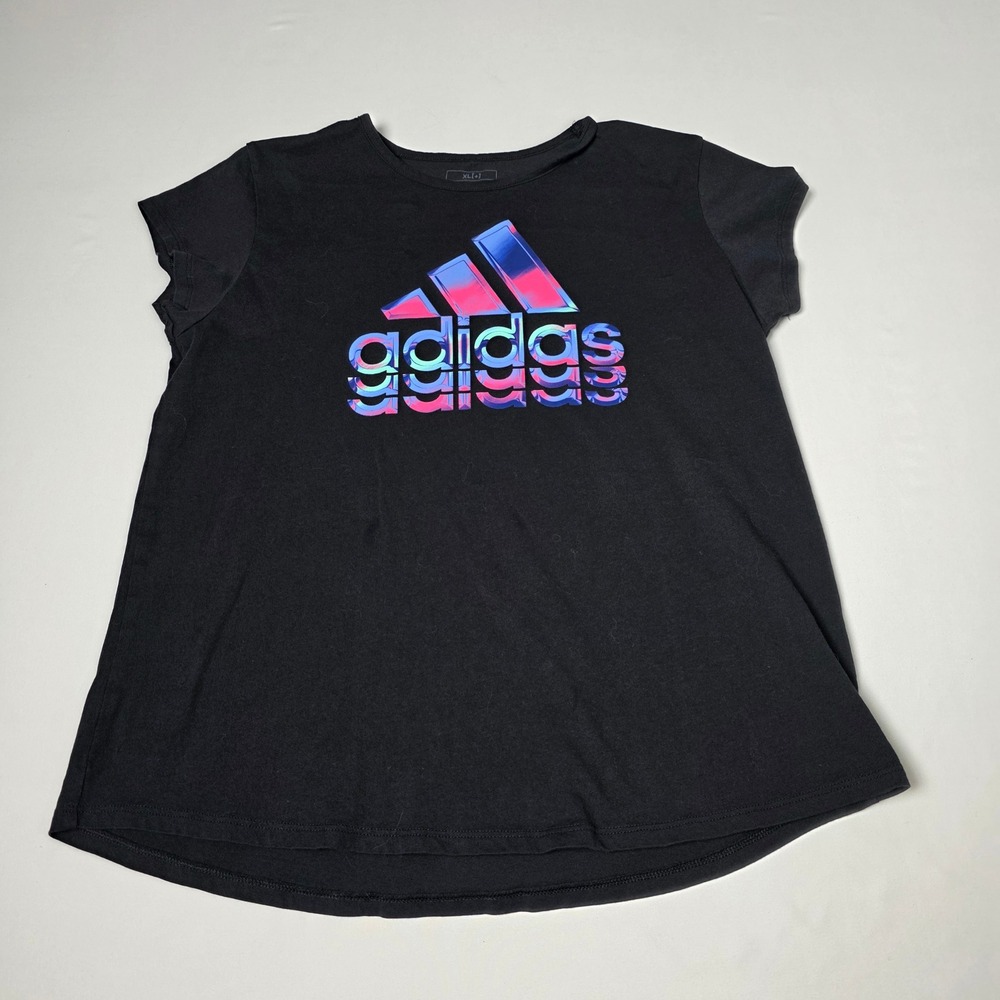 Adidas T-Shirt Girls XL 16 Black Iridescent Graphic Logo Short Sleeve Tee